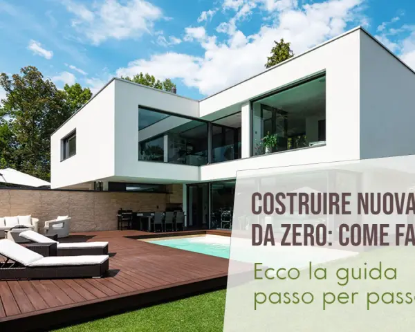 Casa moderna con piscina e arredi da esterno. Guida per affrontare gli oneri costruzione casa da zero.
