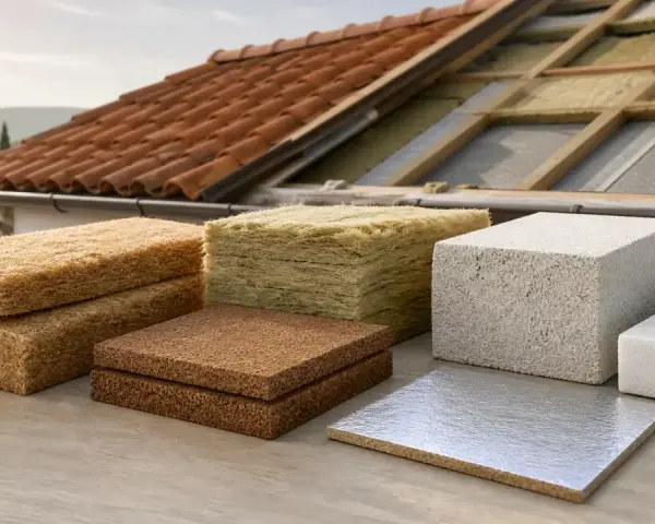 Vari materiali per la coibentazione del tetto, tra cui fibra di legno, lana di roccia e polistirene, pronti per l'installazione su una struttura in legno.