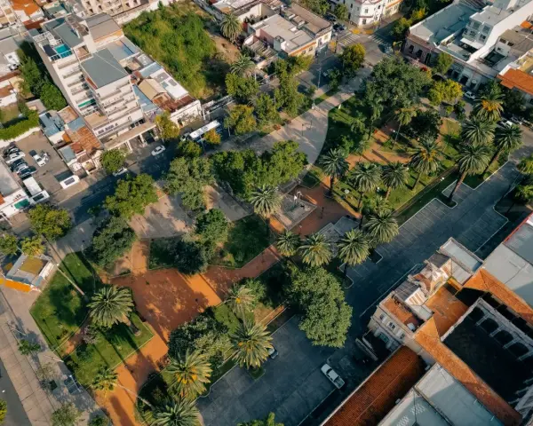 Vista aerea di un parco urbano con palme e alberi, circondato da edifici. Un esempio di come la legge sulla rigenerazione urbana possa trasformare spazi verdi in città.