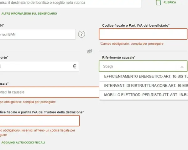 Compilazione bonifico per risparmio energetico. Seleziona "Efficientamento energetico" per la causale.