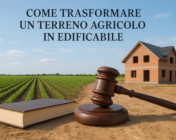 Martelletto da giudice su un libro aperto, con un campo agricolo e una casa in costruzione. La trasformazione di un **tipo particella fondiaria o edificabile**.