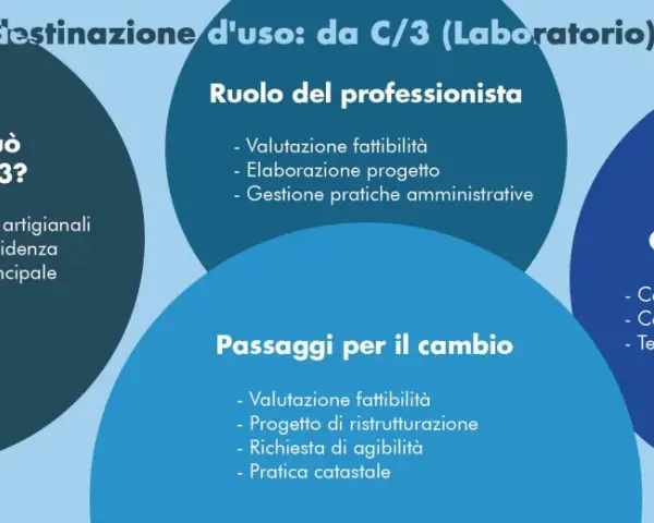 Schema sul cambio di destinazione d'uso da C/3 (laboratorio) ad abitazione, con dettagli su perché non è possibile abitare, il ruolo del professionista, i passaggi e le considerazioni.