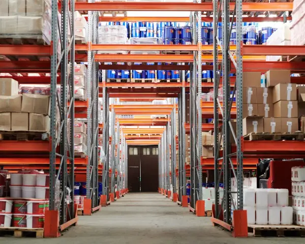Magazzino con scaffalature arancioni piene di merci, tra cui barili blu e contenitori bianchi. Un corridoio centrale conduce a una porta doppia. Categoria catastale c/2.