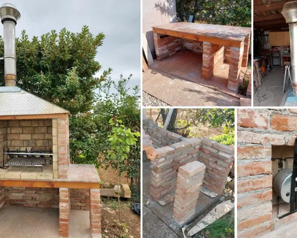 Costruzione di un barbecue fai da te in pietra, con dettagli sulla muratura e la canna fumaria.