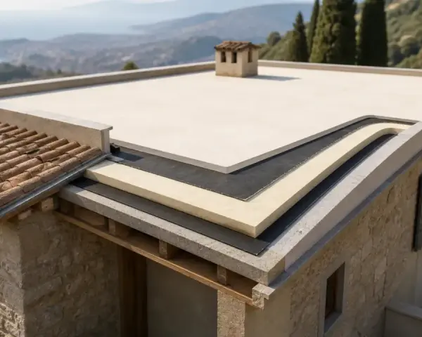 Dettaglio della stratigrafia di un terrazzo coibentato, con strati isolanti e impermeabilizzanti visibili.