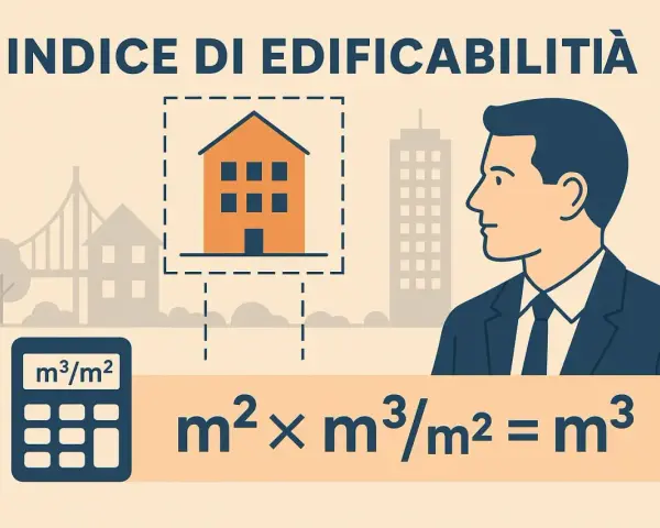 Calcolo dell'indice di edificabilità mq/mq: un uomo d'affari osserva una casa e una formula matematica con una calcolatrice.