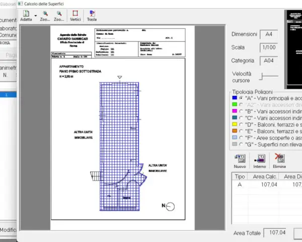 Schermata software per la **variazione catastale dopo 20 anni**. Mostra planimetria, dati catastali e calcolo superfici.