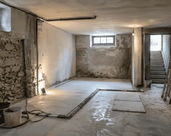 Cantina in ristrutturazione, con pareti in pietra grezza e cemento. Si nota la preparazione per l'isolamento del pavimento umidità.