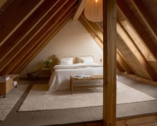 Accogliente camera da letto in un **sottotetto bassissimo**, con travi in legno a vista e un letto bianco immacolato.
