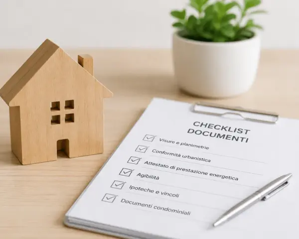 Modello di casa in legno accanto a un checklist documenti, ideale per un esempio capitolato casa nuova costruzione.
