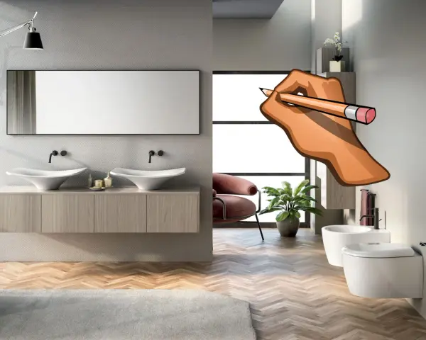 Disegno a matita su un bagno moderno: quanto costa rifare un bagno di 5mq?