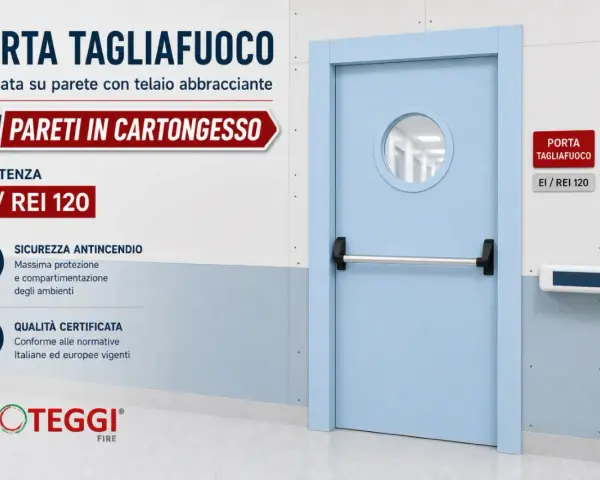 Porta tagliafuoco per pareti in cartongesso, con resistenza EI/REI 120, garantisce sicurezza e compartimentazione.