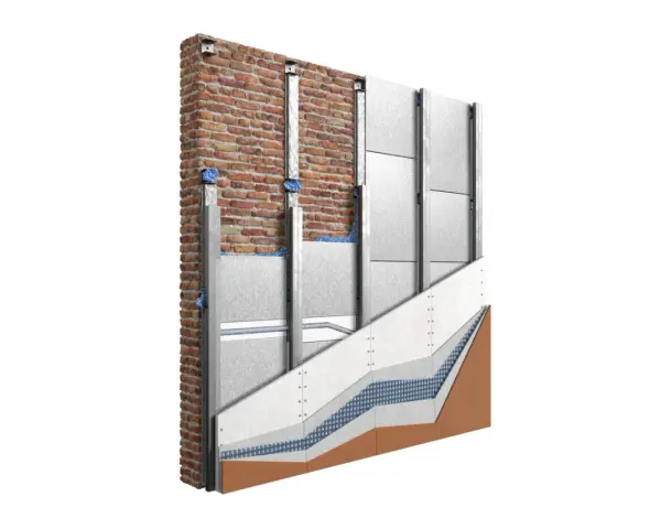 Sezione di una parete con isolamento in materiale EPS, pannelli metallici e finitura in mattoni.
