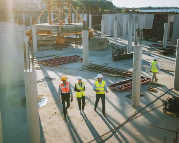 Un cantiere edile con operai in giubbotti ad alta visibilità. Il general contractor cos'è? È chi coordina i lavori, gestendo fornitori e tempi per un progetto di successo.