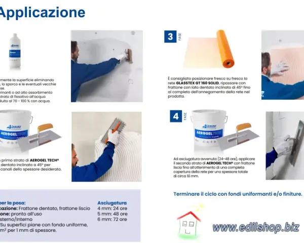 Applicazione di pannelli aerogel per cappotto interno: pulizia, primer, posa rete e stesura prodotto con frattone.