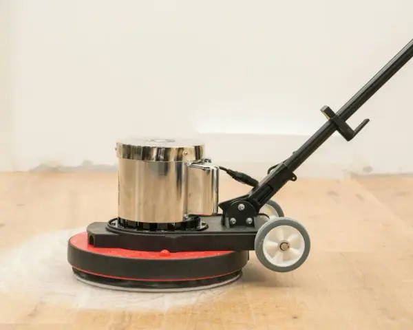 Macchina levigatrice in azione per levigare parquet fai da te. La polvere bianca indica il lavoro in corso.