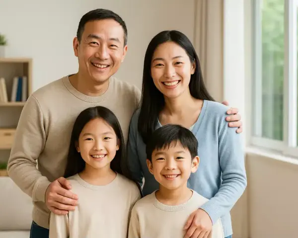 Famiglia sorridente, pronta a presentare i documenti per idoneità alloggiativa.