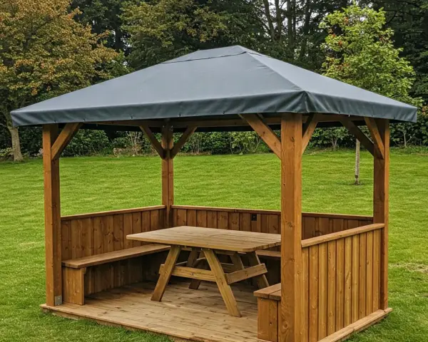 Gazebo in legno con tavolo e panche, perfetto per idee gazebo fai da te in giardino.