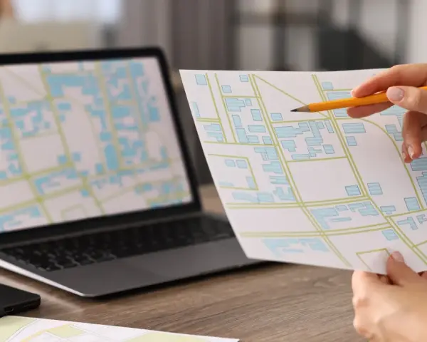Mano con matita analizza mappa con edifici, forse per una **categoria catastale a3**. Laptop con mappa simile sullo sfondo.