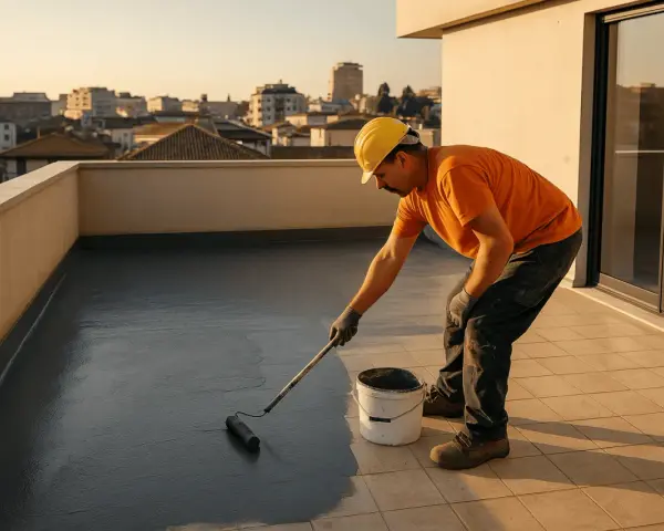 Operaio con casco giallo applica impermeabilizzante su un terrazzo, un vero rifacimento terrazzo a regola d'arte.