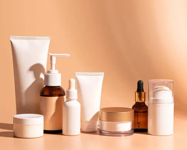 Una collezione di prodotti per la cura della pelle, tra cui creme, sieri e tubetti, ideali come fissativo prima della rasatura per una pelle liscia e protetta.