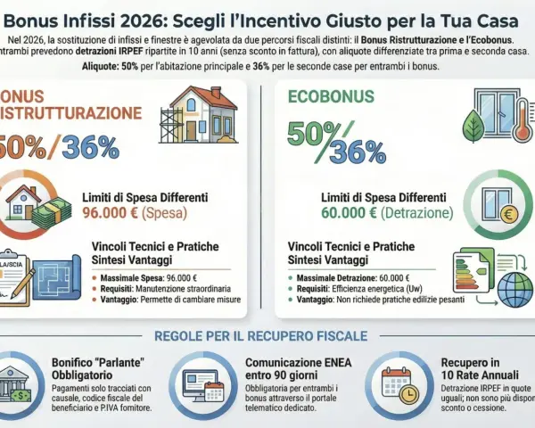 Bonus Ristrutturazione e Ecobonus: detrazioni IRPEF in 10 anni per infissi. 50% prima casa, 36% seconda. Scegli l'incentivo giusto!