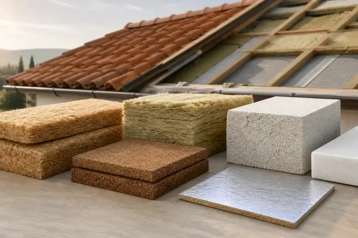 Vari materiali isolanti, tra cui pannelli per rasante termico per esterno, disposti davanti a un tetto in fase di ristrutturazione.