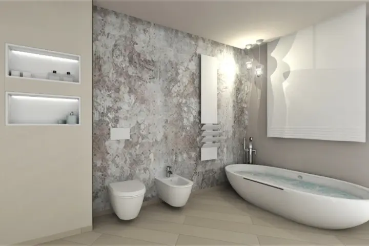 Bagno moderno con vasca ovale, WC, bidet e nicchie a muro. Un esempio di come ottenere un ottimo costo bagno completo con design ricercato.