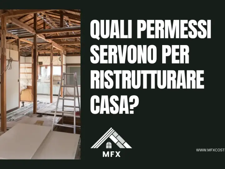 Interno di una casa in ristrutturazione, con travi a vista e scale. Il testo chiede quali permessi servono per la ristrutturazione, escludendo l'edilizia libera.