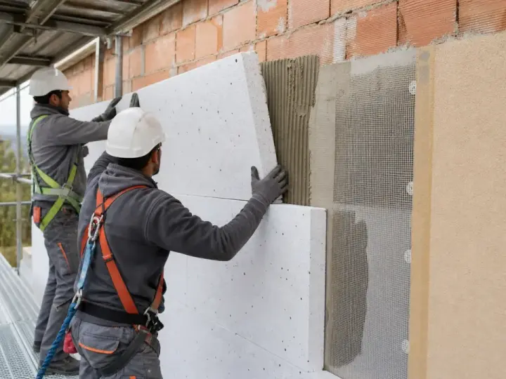 Operai in cantiere applicano pannelli isolanti per forare cappotto termico. Lavori di isolamento esterno.