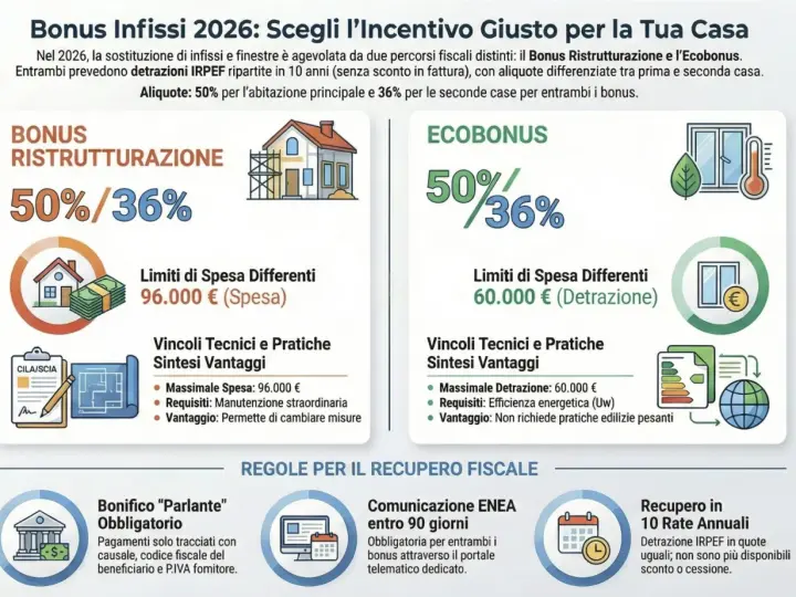 Bonus Ristrutturazione e Ecobonus: detrazioni IRPEF in 10 anni per infissi. 50% prima casa, 36% seconda. Scegli l'incentivo giusto!