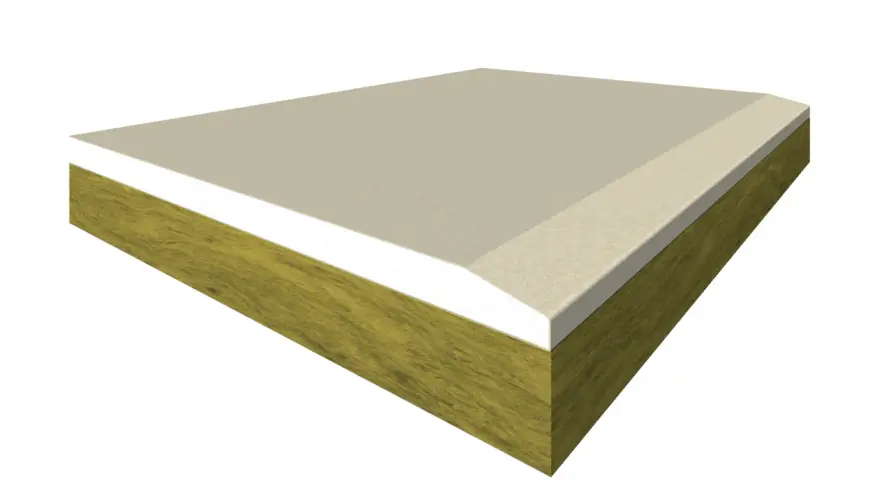 Sezione di un pannello isolante con un cappotto lana di roccia, ideale per l'edilizia sostenibile.