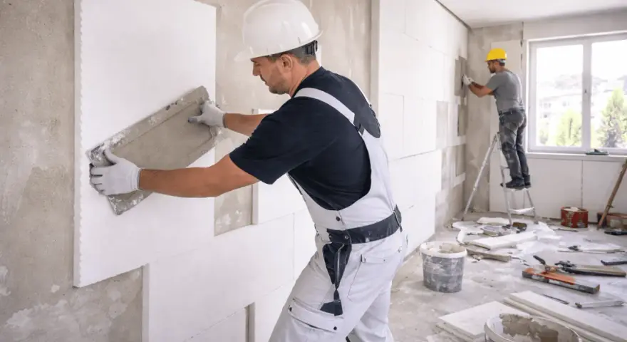 Operai al lavoro per i lavori di coibentazione, applicano pannelli isolanti su una parete interna.