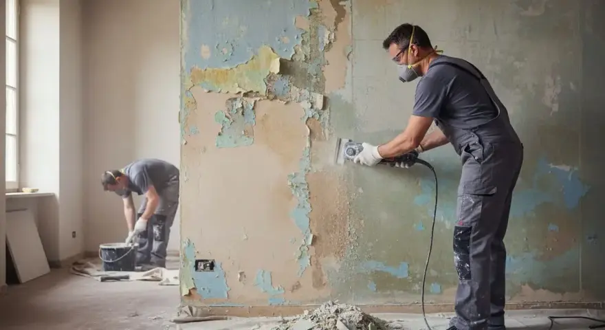 Operai in azione per la rasatura del muro, rimuovendo la vecchia pittura scrostata con attrezzi specifici.
