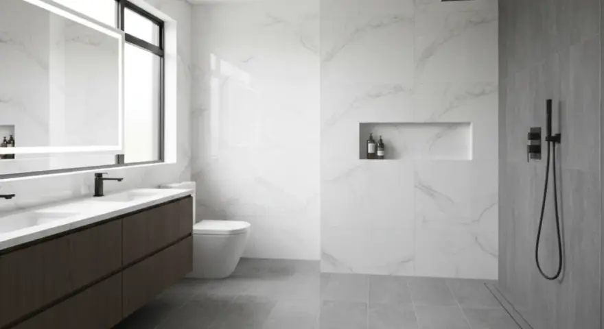 Bagno moderno con doppio lavabo, wc sospeso e doccia a filo pavimento con pendenza per un drenaggio ottimale.