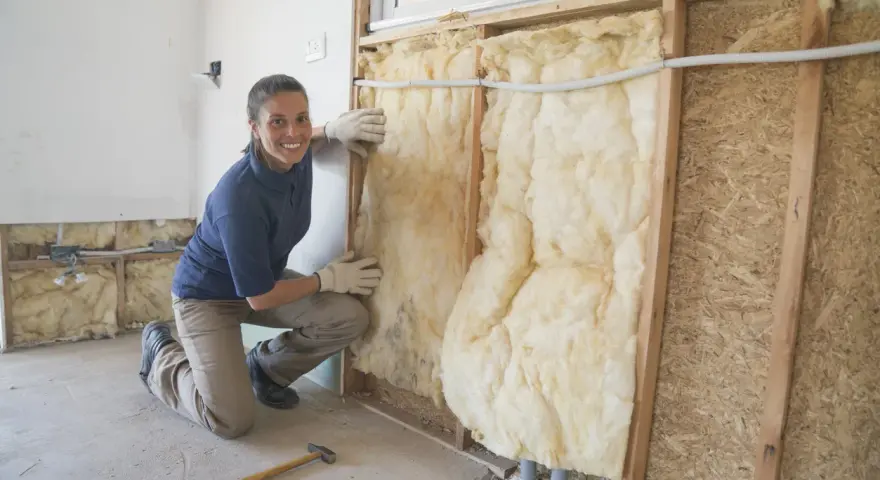 Donna con guanti installa isolamento in lana di vetro per come isolare il legno dal calore.