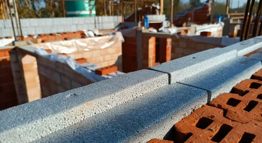 Costruzione in corso: blocchi di polistirene espanso per isolamento termico, un'alternativa al cappotto lana di roccia pro e contro da valutare.