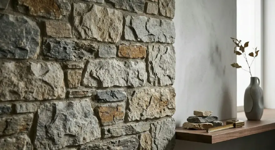 Angolo di un ambiente con un rustico muro in pietra e intonaco, decorato con un vaso e pietre su una mensola.