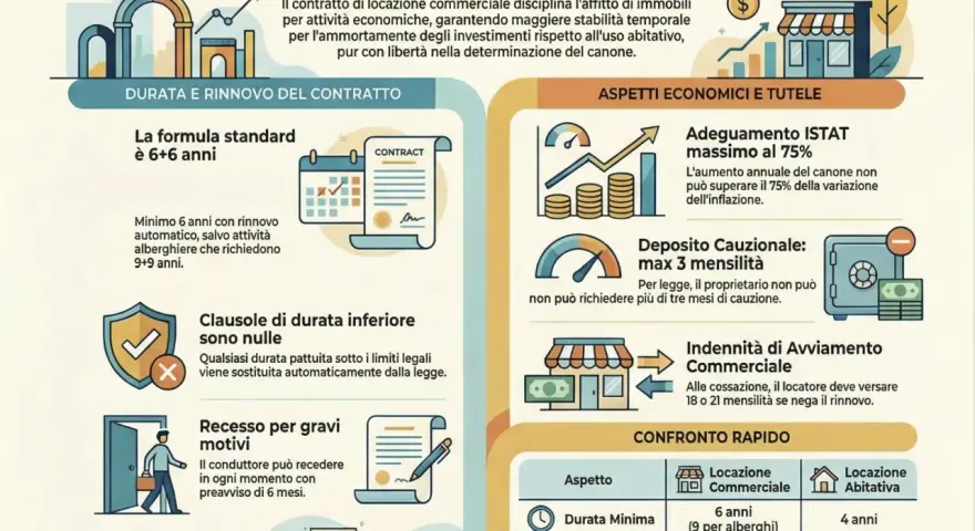Guida pratica locazione commerciale: durata 6+6 anni, deposito cauzionale max 3 mensilità, imposta registro 2%.