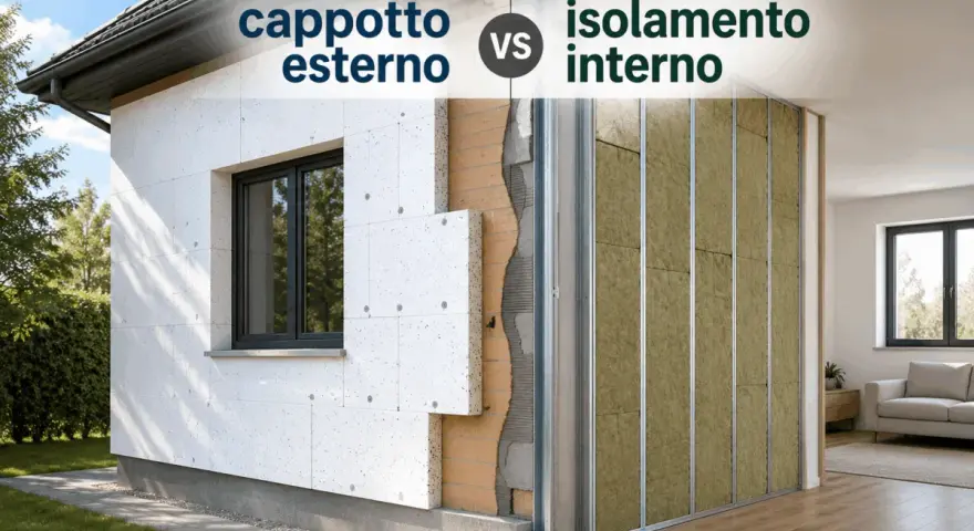 Confronto tra cappotto esterno in polistirene e isolamento interno. La facciata mostra pannelli isolanti bianchi, mentre l'interno rivela la struttura metallica con lana di roccia.