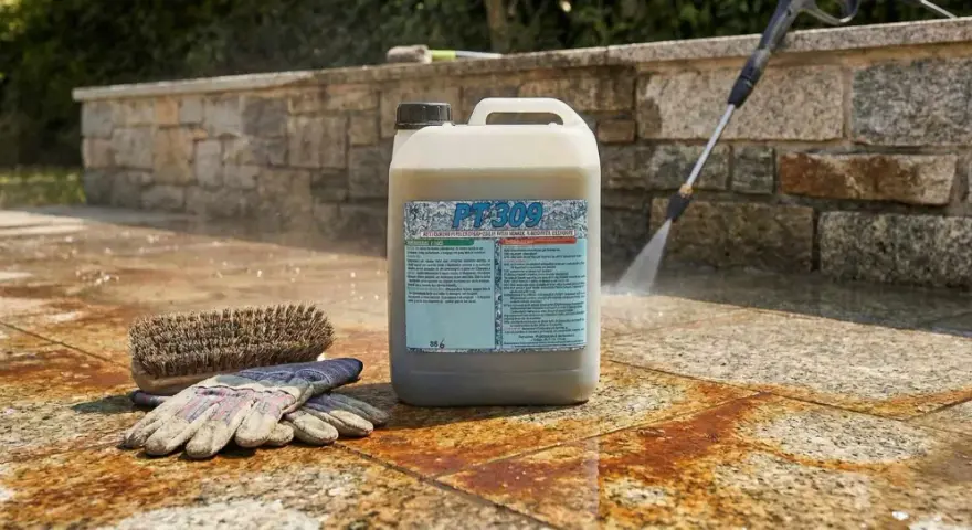 Flacone di acido tamponato per gres, con guanti e spazzola, pronto per pulire il patio.