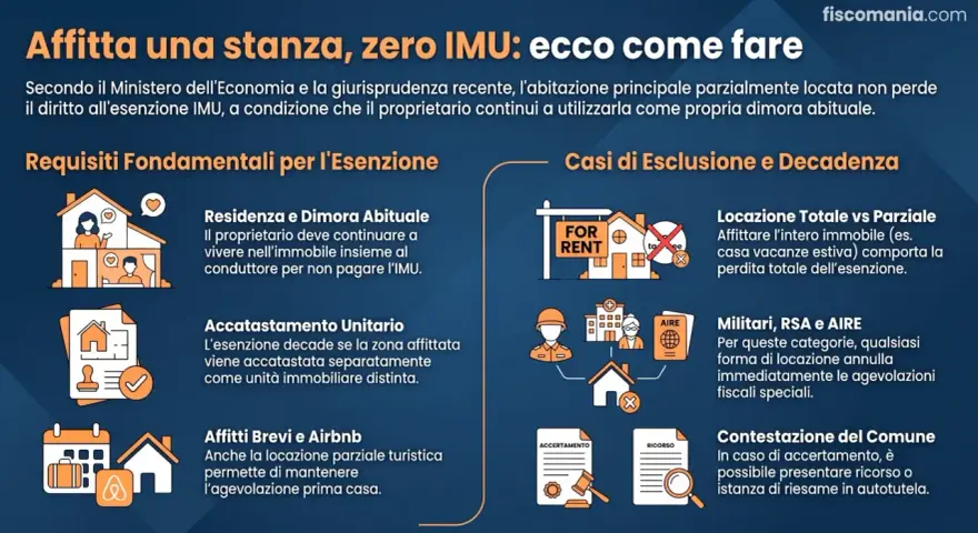 Affittare una stanza permette di mantenere l'agevolazione prima casa e zero IMU, se si continua a risiedere nell'immobile.