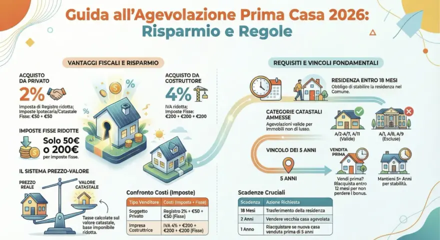 Guida all'Agevolazione Prima Casa 2026: acquisto da costruttore con IVA ridotta al 4% e imposte fisse.