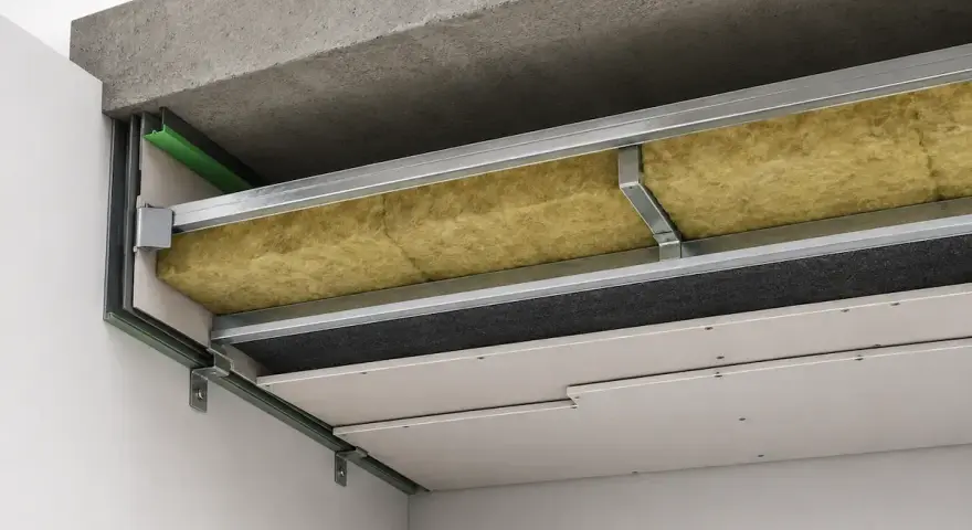 Dettaglio costruttivo di un controsoffitto insonorizzato con lana di roccia e pannelli in cartongesso.