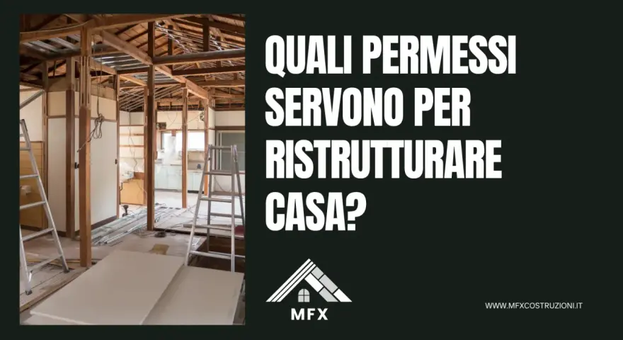Interno di una casa in ristrutturazione, con travi a vista e scale. Il testo chiede quali permessi servono per la ristrutturazione, escludendo l'edilizia libera.