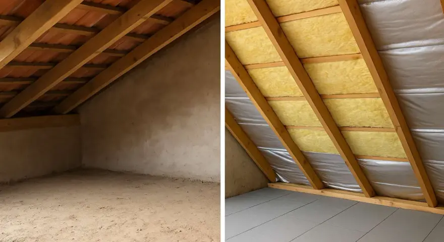 Sottotetto prima e dopo l'isolamento con lana di roccia per sottotetto. Ora è pronto per essere abitato!