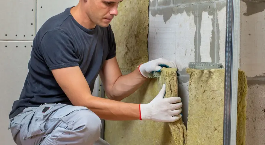 Operaio con guanti installa isolante in lana di roccia. Il depron è muffa, ma questo materiale isolante previene la sua formazione.