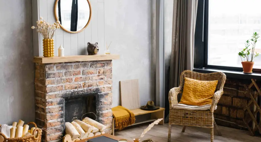 Un camino di mattoni rustico, pronto per essere rinnovato. Legna accatastata, decorazioni e una sedia in vimini invitano al relax.