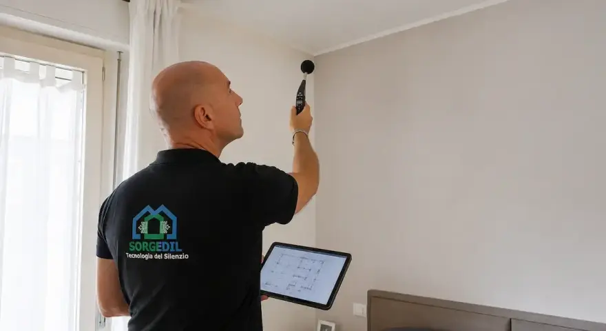 Tecnico misura rumore in appartamento per valutare l'isolamento acustico.