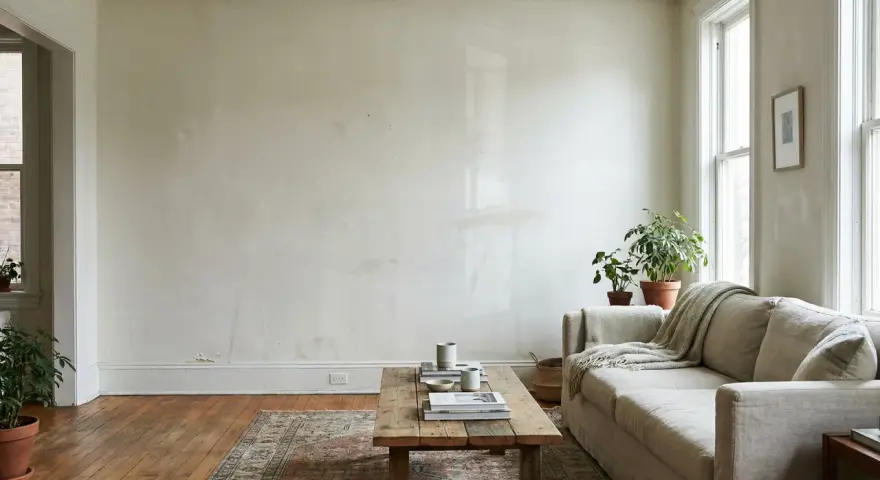 Soggiorno con divano beige, tavolino in legno e piante. Le pareti bianche mostrano segni del tempo, suggerendo che è ora di pensare a ogni quanto imbiancare casa.